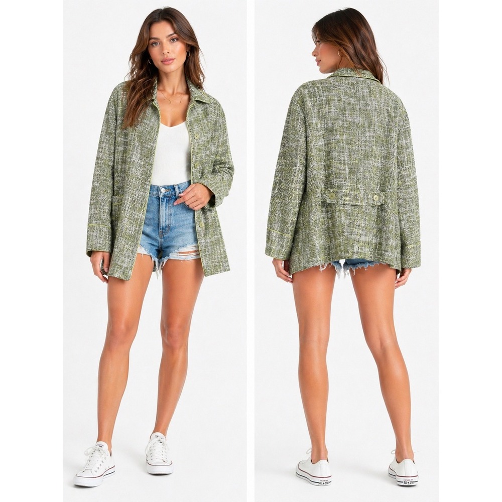 Dialogue Tweed Coat Womens 22W Green Linen Blend Button Front Longline Jacket
